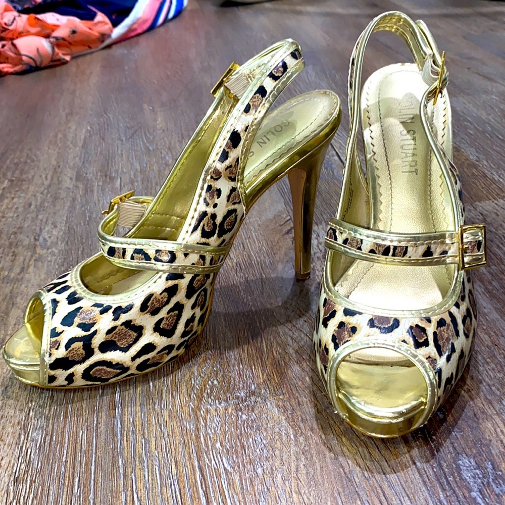 Colin Stuart Gold Leopard Peep Toe Heels
